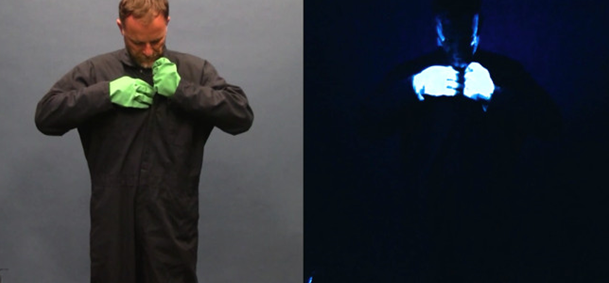 As demonstrated by fluorescent tracer viewed under a blacklight, pesticide residue can be transferred to the face when goggles are removed without washing gloves first.