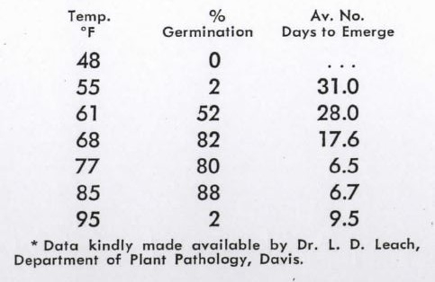 Data showing soil temperature, percent germination, and days to emergence for lima beans.