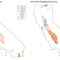 Figure 1. Historical precipitation (10-year average, left) compared to rainfall totals during the current season (right) between 10/1/2017 and 3/1/2018. Also indicated are UC Small Grain Testing Program trial locations for various crop types (right).