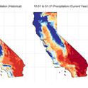 Figure 1. Historical (10-year, left) and current (right) seasonal precipitation between 10/1/2020 and 1/31/2021 for California.