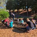Students plant seeds in a garden bed that serves as a hands-on outdoor classroom with UC Master Gardener, Sally Johnson. Photo credit: Carol Holliman