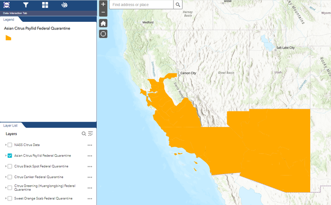 a screenshot of online map with Arizona covered in orange and Southern California and along the coast covered in orange to indicate ACP infestation