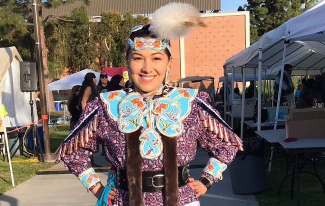 Dominique Lombardi, Wanaikik Cahuilla from the Morongo Band of Mission Indians at the 48th Annual UC Davis Powwow in 2019. ©UC Davis