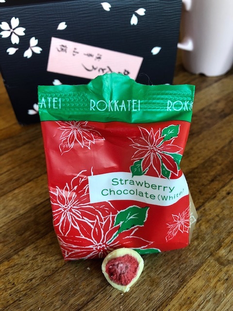 Freeze dried strawberries in white chocolate from Japan.