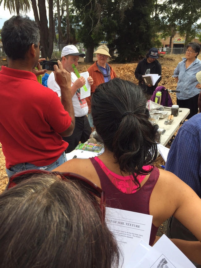 Bennaton leads a soils workshop at the UC Gill Tract, a community farm in Albany.