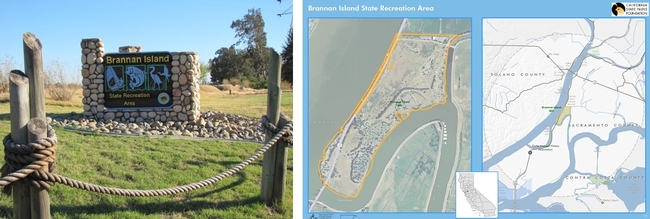 Figure 4 (left), entrance to Brannan Island. Figure 5 (right), map of Brannan Island.