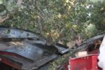 Trunk-shaking pistachio harvester trials: harvester in operation