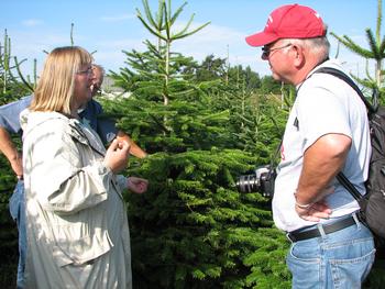 A woman and a man discussing a christmas tree disease