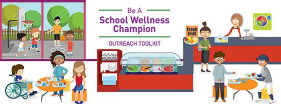 Cartoon image of school community uniting to create a wellness policy