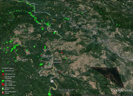 Link to SODMap for PC; includes locations and lab test results for vegetation and stream bait samples in CA and southern OR.