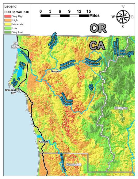 Close-up of SOD Risk in Del Norte County, CA (as per Meentemeyer et al. 2004 - see reference two maps above)