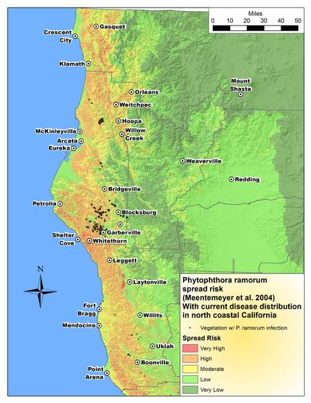 SOD Risk Map with Vegetation Positives (see Meentemeyer R, Rizzo D, Mark W, Lotz E. 2004. Mapping the risk of establishment and spread of sudden oak death in California. Forest Ecology and Management 200: 195-214.)
