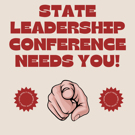 State leadership conference needs you! (cartoon finger pointing at the viewer)