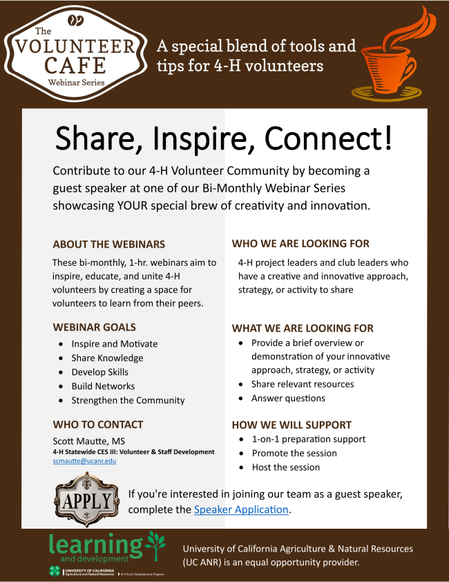 Share, Inspire, Connect. Volunteer Cafe. A special blend of tools and tips for 4-H volunteers