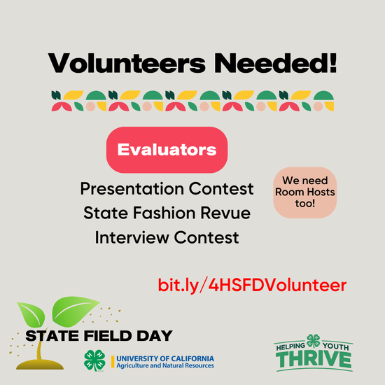 Volunteers needed! Evaluators. We need room hosts too! Presentation Contest. State fashion revue. Interview contest