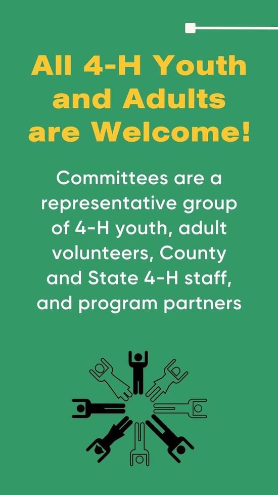 All 4-H youth & adults are welcome. Committees are a representative group of 4-H youth, adult volunteers, county & state 4-H staff & program partners