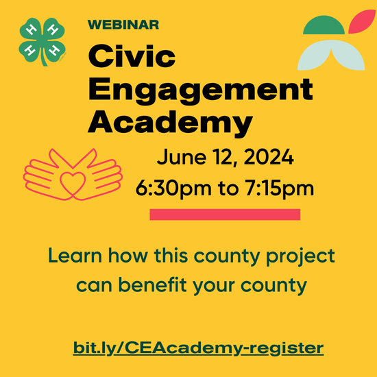 Webinar Civic Engagement Academy. June 12, 2024 6:30-7:15pm. Learn how this county project can benefit your county