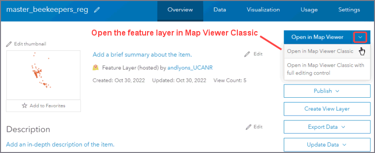 Open the feature layer in Map Viewer Classic