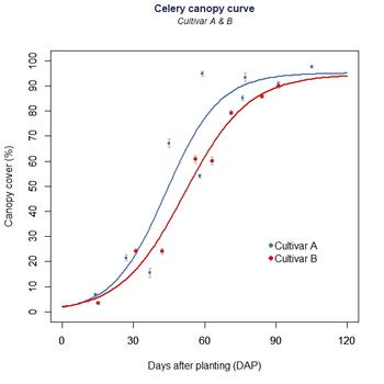 Canopy growth of two celery cultivars measured with a NDVI camera throughout a season.