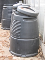 Many different types of compost bins are available commercially.  Photo: Caroline Ford, Wikimedia Commons