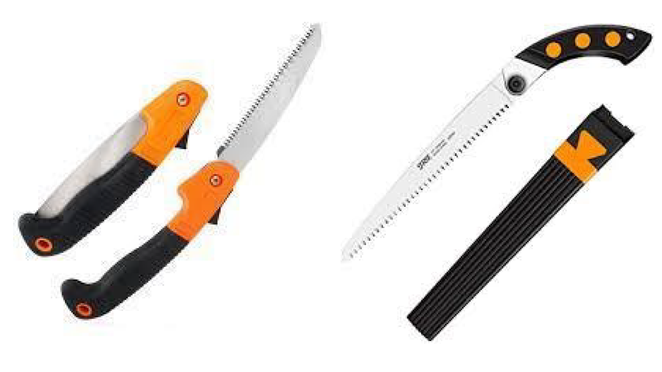Left: foldable pruning saw; Right: pruning saw with scabbard