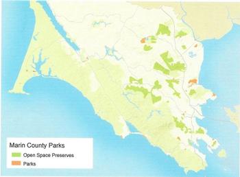 Map of Marin County Parks and Open Space Preserves showing 85% of the land protected from development. Photo: National Park Service