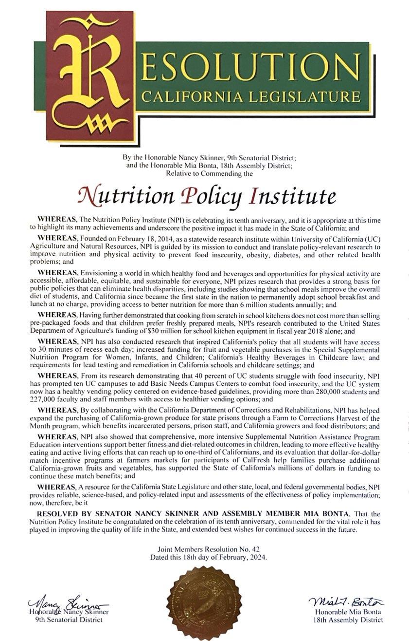 NPI 10 year anniversary California Legislature resolution, 2024.