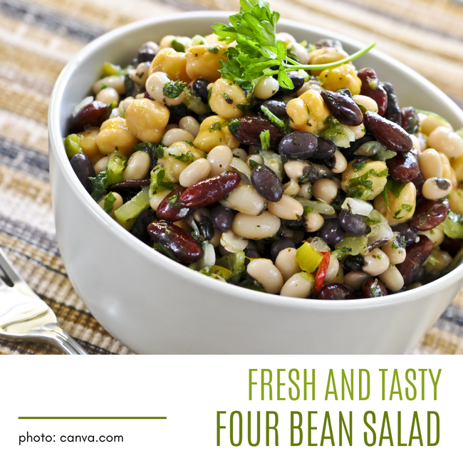 bowl with different types of beans mixed together into a salad
