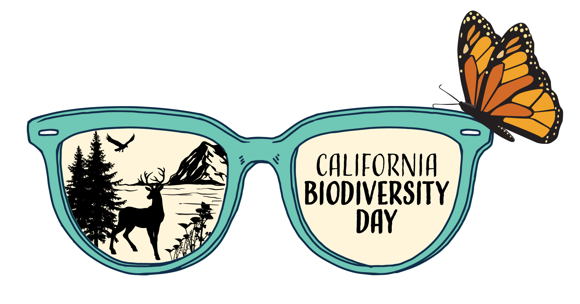 This biodiveristy day logo has sunglasses with a nature scene in one lense and says California Biodiveristy Day in the other.