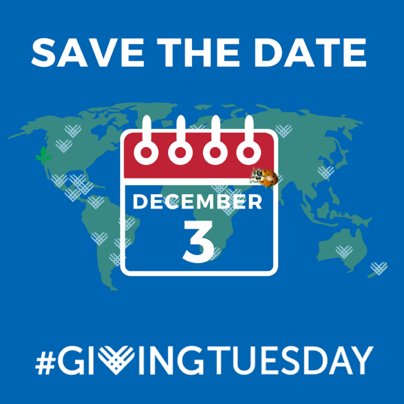 Giving Tuesday logo showing a world map with a calendar showing December 3 and text Save the Date and #GivingTuesday.