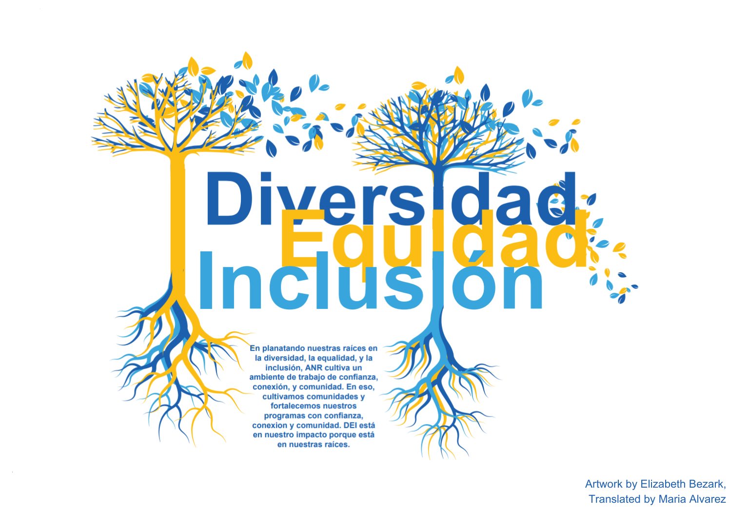 Two blue and yellow trees with long roots and the words Diversity, Equity, and Inclusion in Spanish