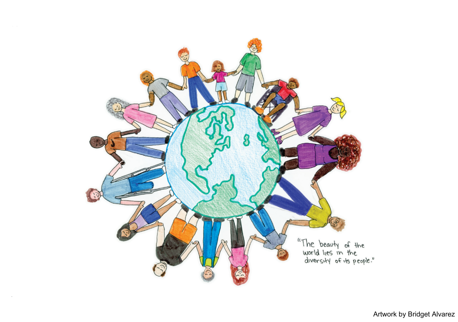 Drawing of a globe surrounded by drawings of individuals of all shapes, sizes, colors, and accessibility levels