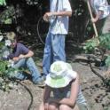 Working on the irrigation system, with microsprays, drip, & low-flow sprinklers.