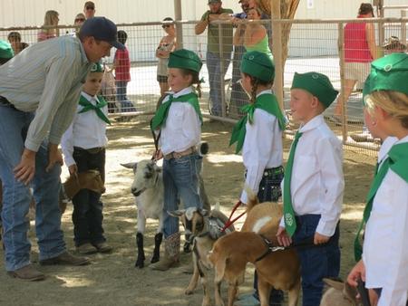 Kids in 4-H Uniforms at Livestock Show talking to the judge.