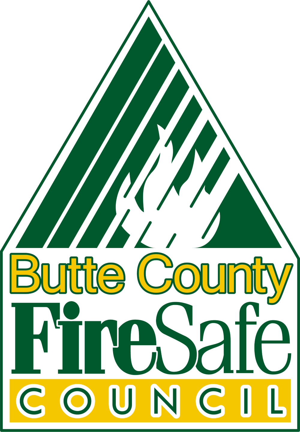 Butte County Fire Safe Council logo. Green triangle with yellow accents.
