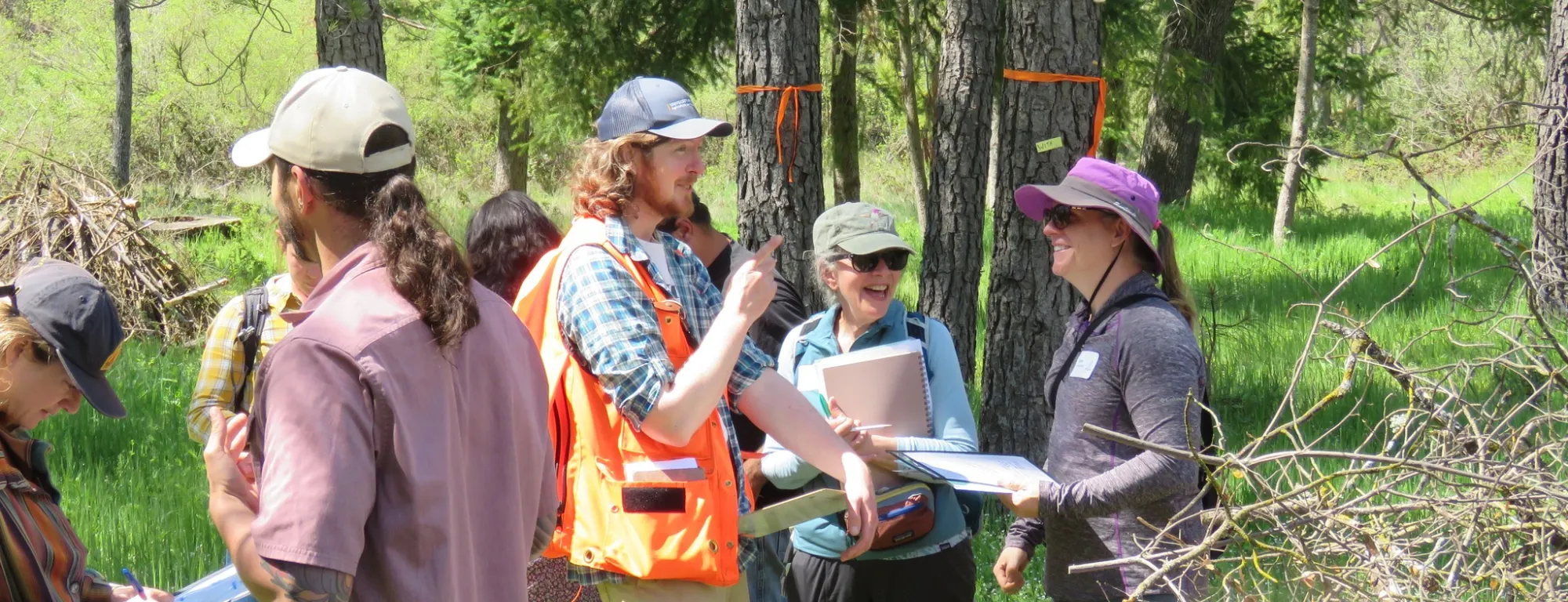 Man in cap and orange vest points to a cluster of trees as two Tree School participants laugh and smile while holding class papers and materials