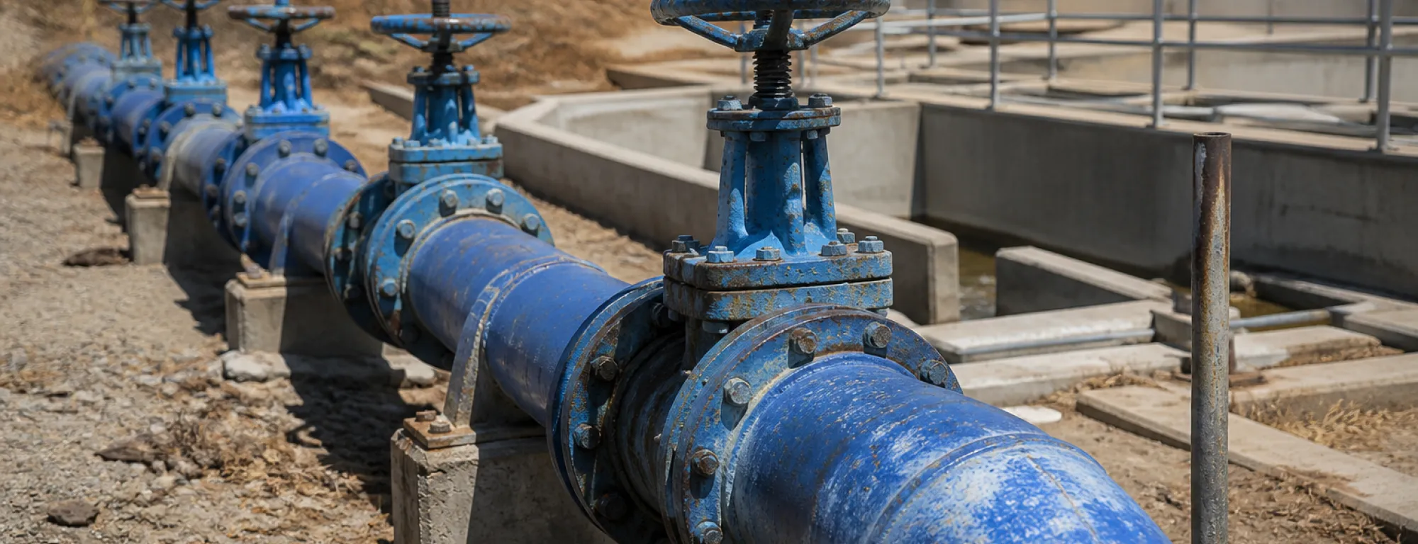 Installed blue water pipeline with valves and concrete supports running through a dry utility site beside open concrete water channels, representing drinking water infrastructure and system operations.