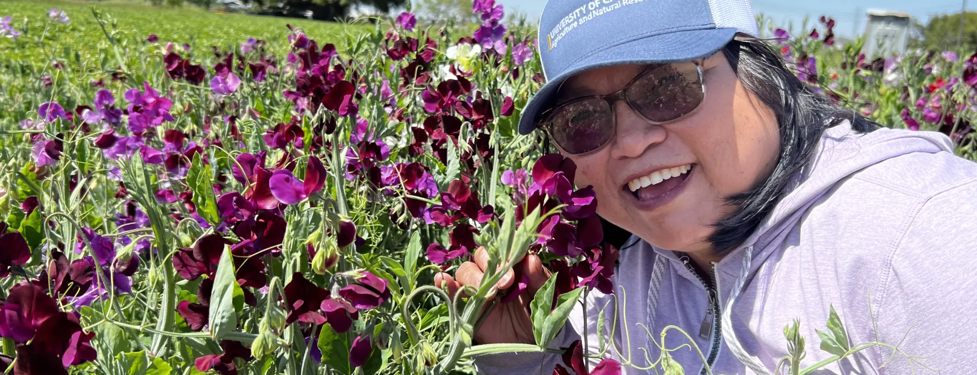 A smiling Fam Lee leans into flowers amid a field