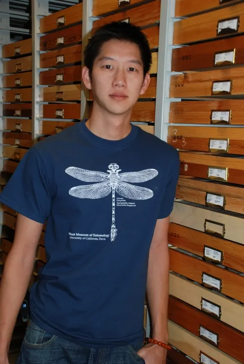 UC Davis undergraduate student William Yuen wearing his dragonfly t-shirt. He has worked part-time in the Bohart Museum of Entomology for two years. (Photo by Fran Keller)