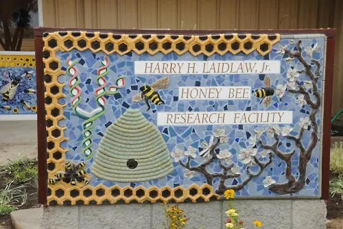 See the ceramic hive on this sign at the Harry H. Laidlaw Jr. Honey Bee Research Facility? The black hole leads to a real hive, located in back of the sign. (Photo by Kathy Keatley Garvey)