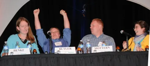 WE WON!--Casey Butler exults as he breaks the dead heat, giving UC Riverside the win in the 2008 Linnaean Games. From left are Jennifer Henke, Casey Butler, Jason Mottern and Rebeccah Waterworth at the moment they realized they'd won. (Photo by Kathy Keatley Garvey)