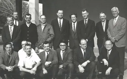 UC DAVIS ENTOMOLOGISTS IN 1970 posed for this photo. In front (from left) are Dick Bushing, Frank Summers, Bob Schuster, Al Grigarick, Bob Washino, Harry Lange and Harry Laidlaw.
In back (from left) are Charles Judson, Robbin Thorp, Vern Burton, Elmer Carlson, Oscar Bacon, Frank Strong, Don McLean, Ward Stanger and Ed Loomis.
(Photo courtesy of Oscar Bacon)