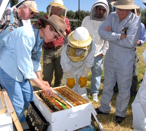 SUSAN COBEY (far left), bee breeder-geneticist and manager of the Harry H. Laidlaw Jr. Honey Bee Research Facility at the University of California, Davis, with a recent class on queen bee-rearing. (Photo by Kathy Keatley Garvey)