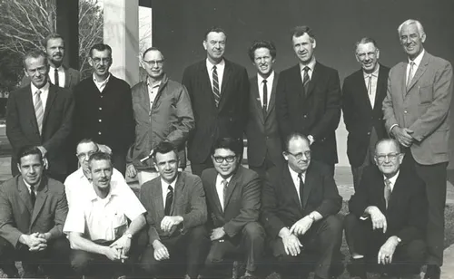 BACK IN 1970--This UC Davis Department of Entomology photo, taken Feb. 3, 1970, includes faculty, staff and Cooperative Extension specialists. In front (from left) are Dick Bushing, Frank Summers, Bob Schuster, Al Grigarick, Bob Washino, Harry Lange and Harry Laidlaw. In back (from left) are Charles Judson. Robbin Thorp, Vern Burton, Elmer Carlson, Oscar Bacon, Frank Strong, Don McLean, Ward Stanger and Ed Loomis. Others are not pictured. (Photo courtesy of Oscar Bacon)