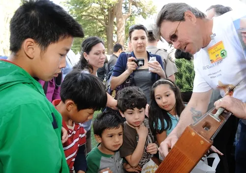BEEKEEPER Brian Fishback (right) of Wilton, president of the Sacramento Area Beekeepers’ Association, points out the queen, worker bees (sterile females) and the drones (males) to the visitors. (Photo by Kathy Keatley Garvey)