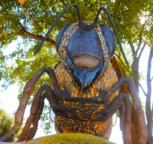 BEE SCULPTURE created by Donna Billick is morphologically correct, says Extension apiculturist Eric Mussen. Below the bee is ceramic art by Davis artist Sarah Rizzo of a purple dome aster. (Photo by Kathy Keatley Garvey)