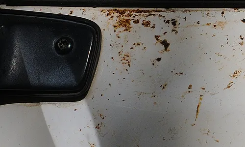 BEEKEEPER'S TRUCK at the Harry H. Laidlaw Jr. Honey Bee Research Facility at UC Davis is splotched with bee feces. (Photo by Kathy Keatley Garvey)