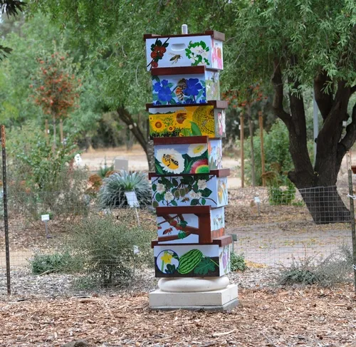 CLOSE-UP of one of the bee hive columns at the Haagen-Dazs Honey Bee Haven. The garden is open year-around. (Photo by Kathy Keatley Garvey)
