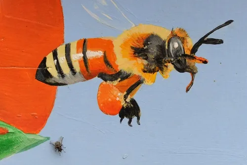 FLY BY--A fly (bottom left) lands next to a colorfully painted honey bee at the Haagen-Dazs Honey Bee Haven at UC Davis. This is a close-up of the bee box (fourth from bottom) above. (Photo by Kathy Keatley Garvey)