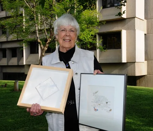 DAVIS ARTIST Marilyn Judson, who does paper sculpture, calligraphy and watercolors, will show some of her intricate paper sculpture in the "Sticky Business" art show at the Pence Art Gallery, Davis, Nov. 23-Dec. 23. (Photo by Kathy Keatley Garvey)